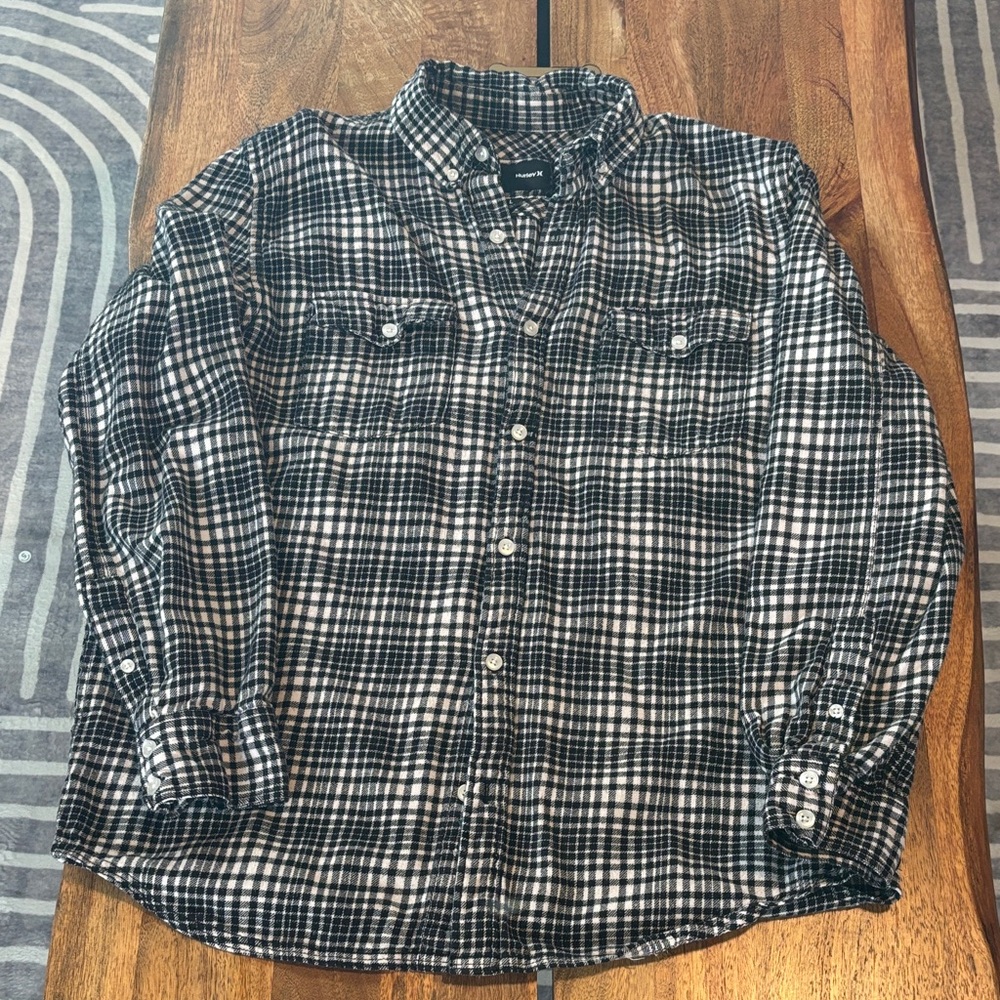 Black and Cream Plaid Flannel Button-Up Shirt